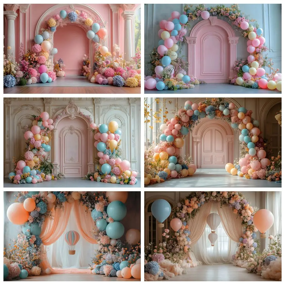 

Baby 1st Birthday Party Backdrop Balloons Flowers Palace Wall Door Newborn Kids Portrait Cake Smash Photography Background Decor