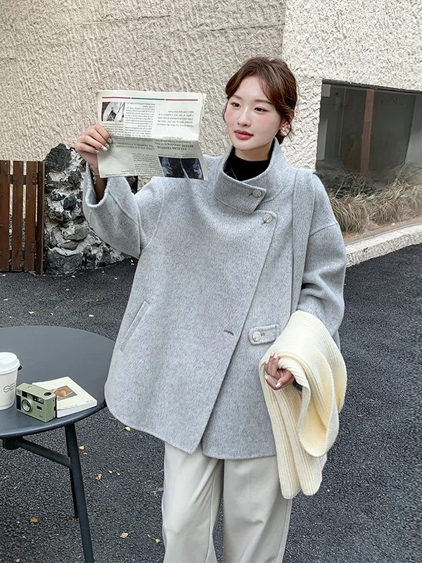 

ay Woolen Coat ort Women's Loose Korean Sle Autumn Winter New Arrival Small Size Commute Straight Tube Long Sve Butt...