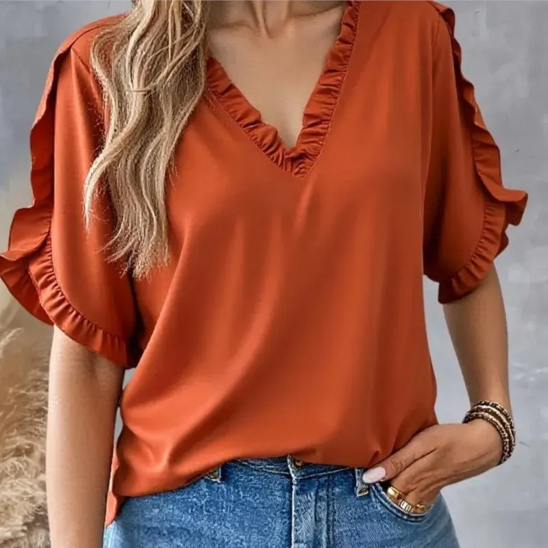 여름 단순 솔리드 컬러 반팔 셔츠 블라우스 여성 프릴 v 넥 캐주얼 루즈 셔츠 탑 우아한 오피스 레이디 블라우스