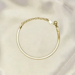 S14 vintage stainless steel gold bracelet, gentle and elegant flat snake chain jewelry for women