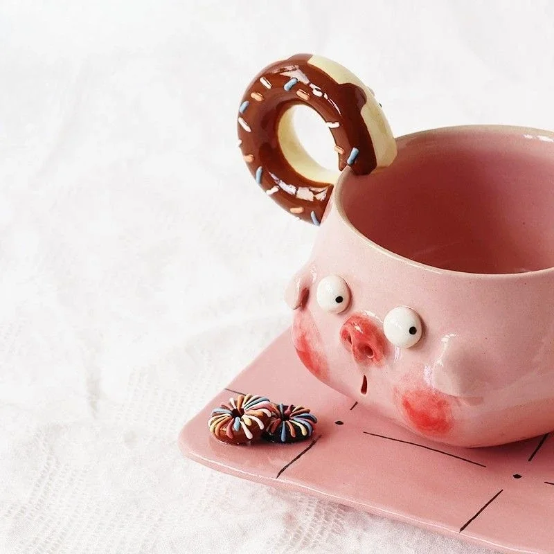 Coffee cup pink, pig cute donut, weird glaze with saucer, low-color high-temperature ceramic.