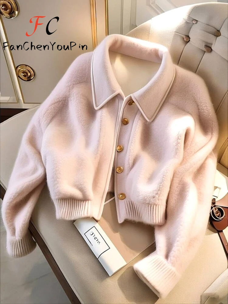 Otoño Invierno nuevos abrigos de mujer moda versátil dulce Chaqueta corta de manga larga Vintage Casual Rosa elegante Harem abrigo coreano