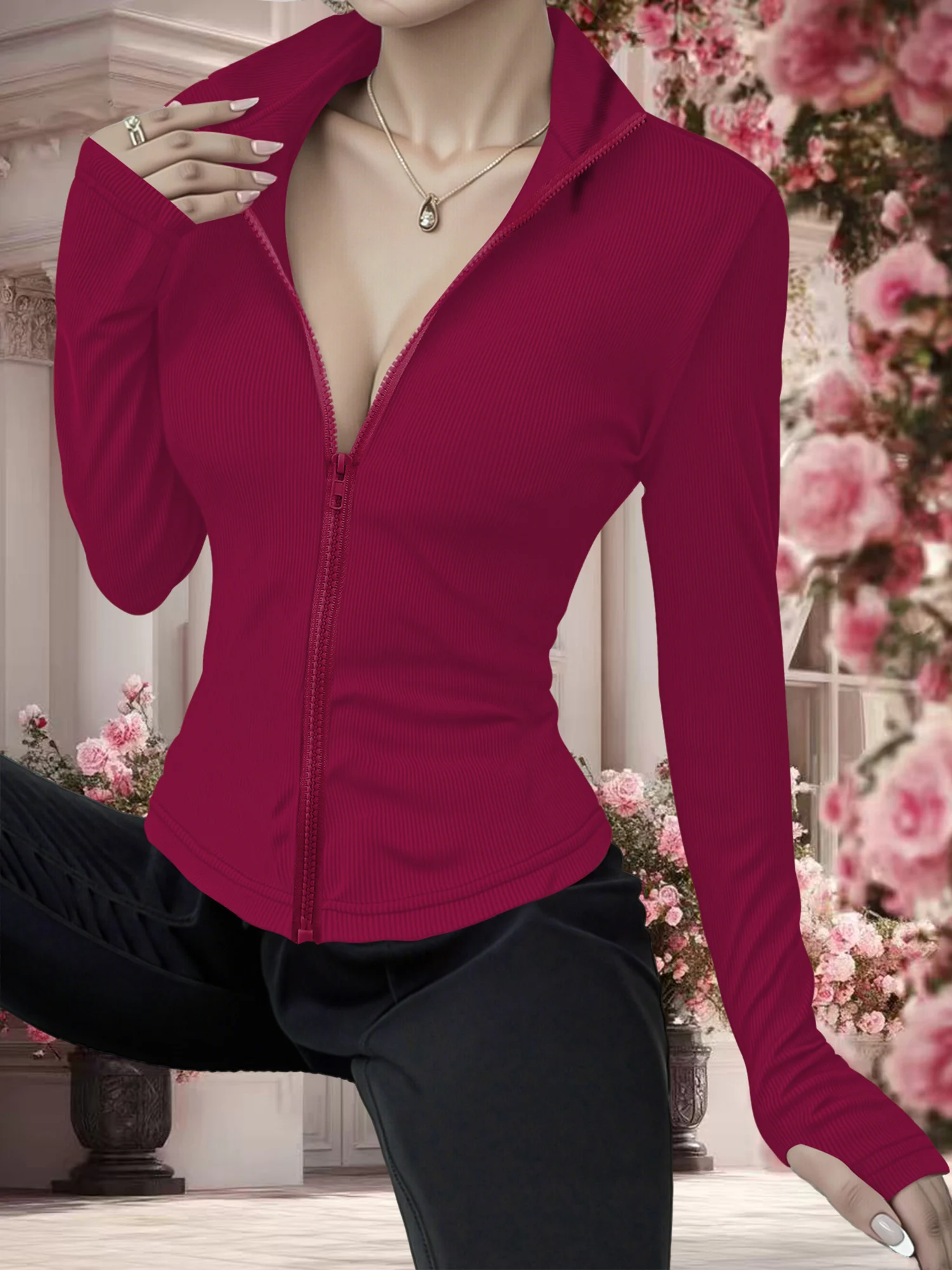 Spring & Fall Rib Knit Full-Zip Layer, Breathable High Neck Top for Travel, Commutes & Outdoor Activities