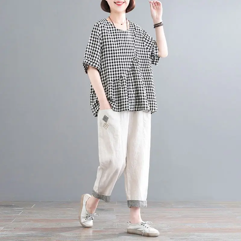 

95% Cotton T Shirts Sets Women Fashion Design Plaid Patchwork Short Sleeve T-shirt and Pants Casual Loose Two Piece Set Summer