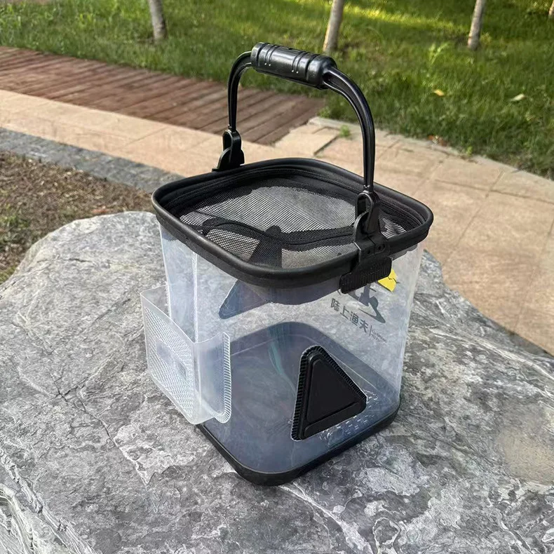 Zusammenklappbarer Transparenter Angeleimer mit 6m Seil & Anti-Sprung-Netz, Robuster Tragbarer Lebendfischbehälter, Outdoor Mini-Fischaufbewahrung – Detail 10