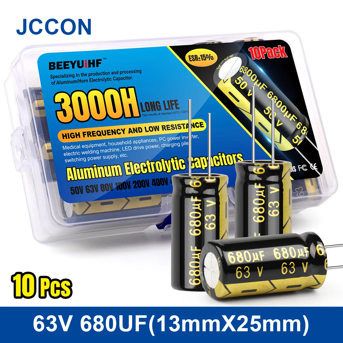 10Pcs 680UF JCCON Aluminum Electrolytic Capacitor Kit 63V680UF 13x25 High Frequency Low ESR Capacitors Assortment Box Kits