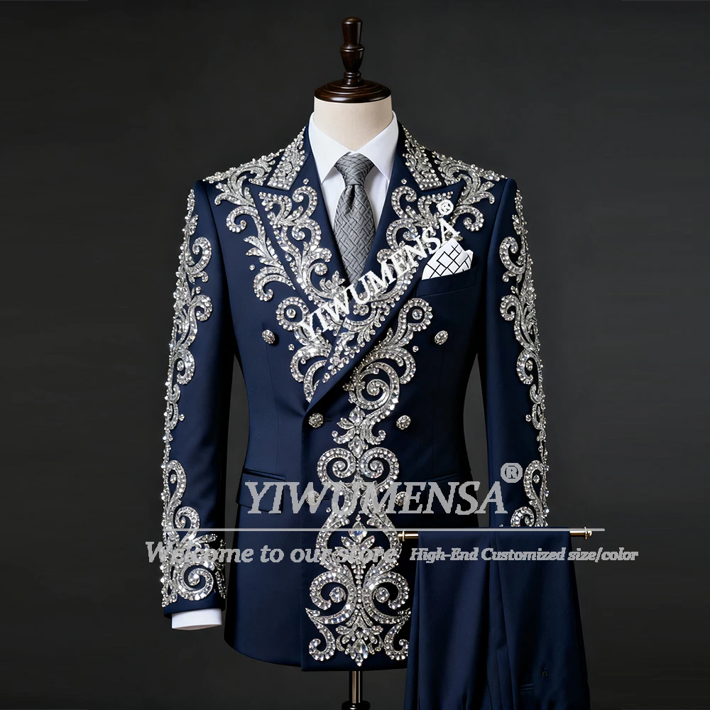 

Gleaming Beaded Stones Suits Men For Wedding Double Breasted Jacket Pants 2 Piece Set Groom Tuxedos Customized Terno Masculinos