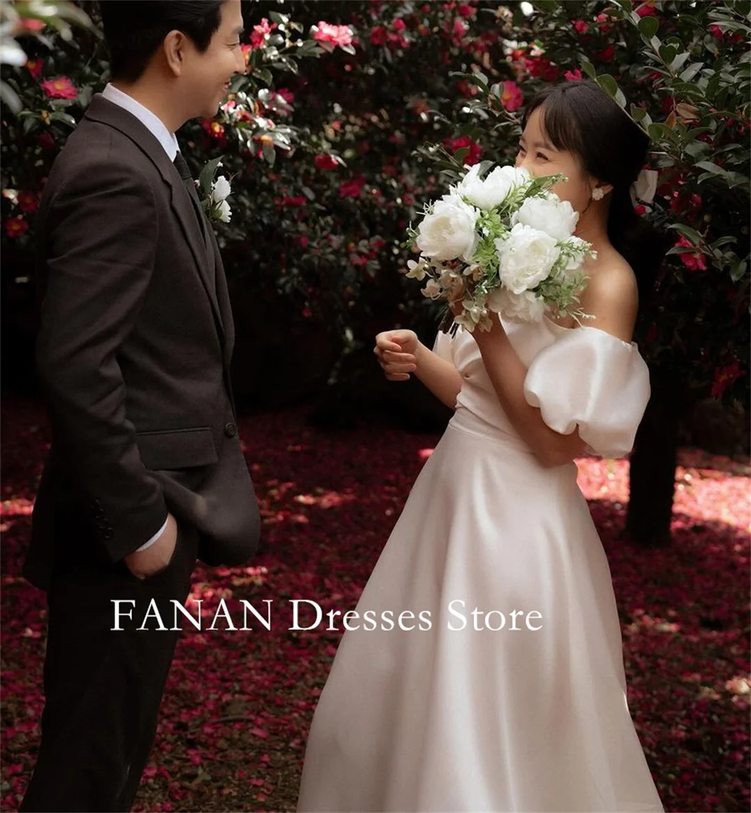 

FANAN Off Shoulder Korea Ivory Puffy Sleeves Vintage Satin Wedding Dresses 웨딩드레스 Custom Made A-Line Bride Gowns Plus Size