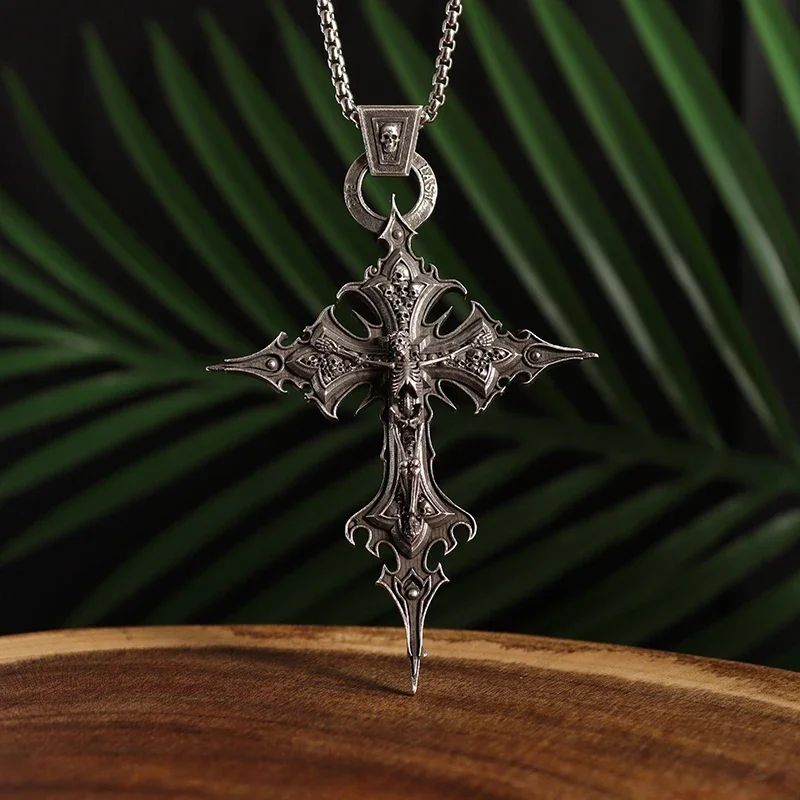 Gothic Skull Jesus Cross Necklace Catholic Jewelry for Men Punk Religious Amulet Necklace