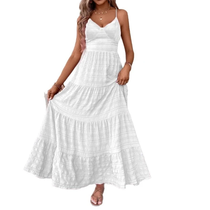 Sexy Hosenträger-Kleid mit V-Ausschnitt, einfarbig, großer Saum, Fliege, langer Rock für Damen, Strand, Party, Date, Nacht, feminines Sommer-Outfit