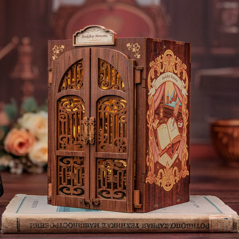 CUTEBEE DIY Book Nook Library Wooden Dollhouse with Light Bookstore Bookshelf Insert Decor for Birthday Gift Bookshop Memories