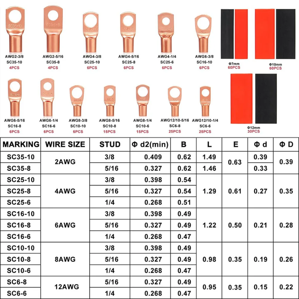280pcs Copper Wire Lugs Awg 2 4 6 8 10 12 Gauge Wire Connectors,Battery Cable Ends,Copper Ring Terminals with Heat Shrink Kit