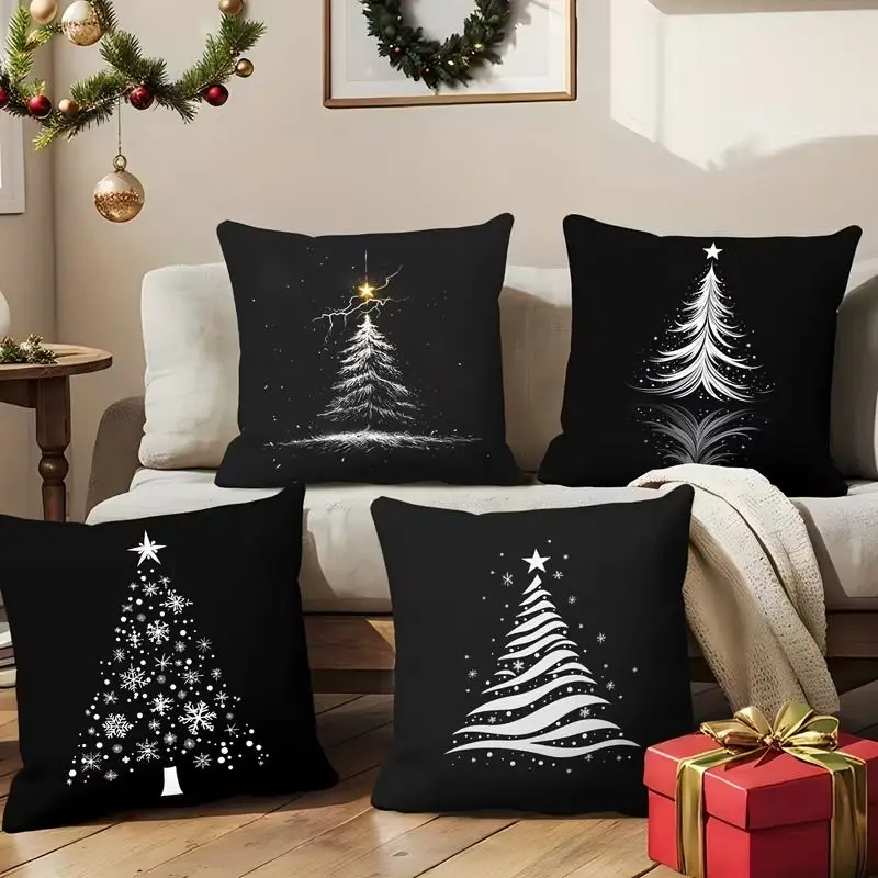 VIKAMA Christmas Pillow Cover Minimalist Christmas Tree Star Snowflake Print Black Background Cushion Case Festive Home Decor