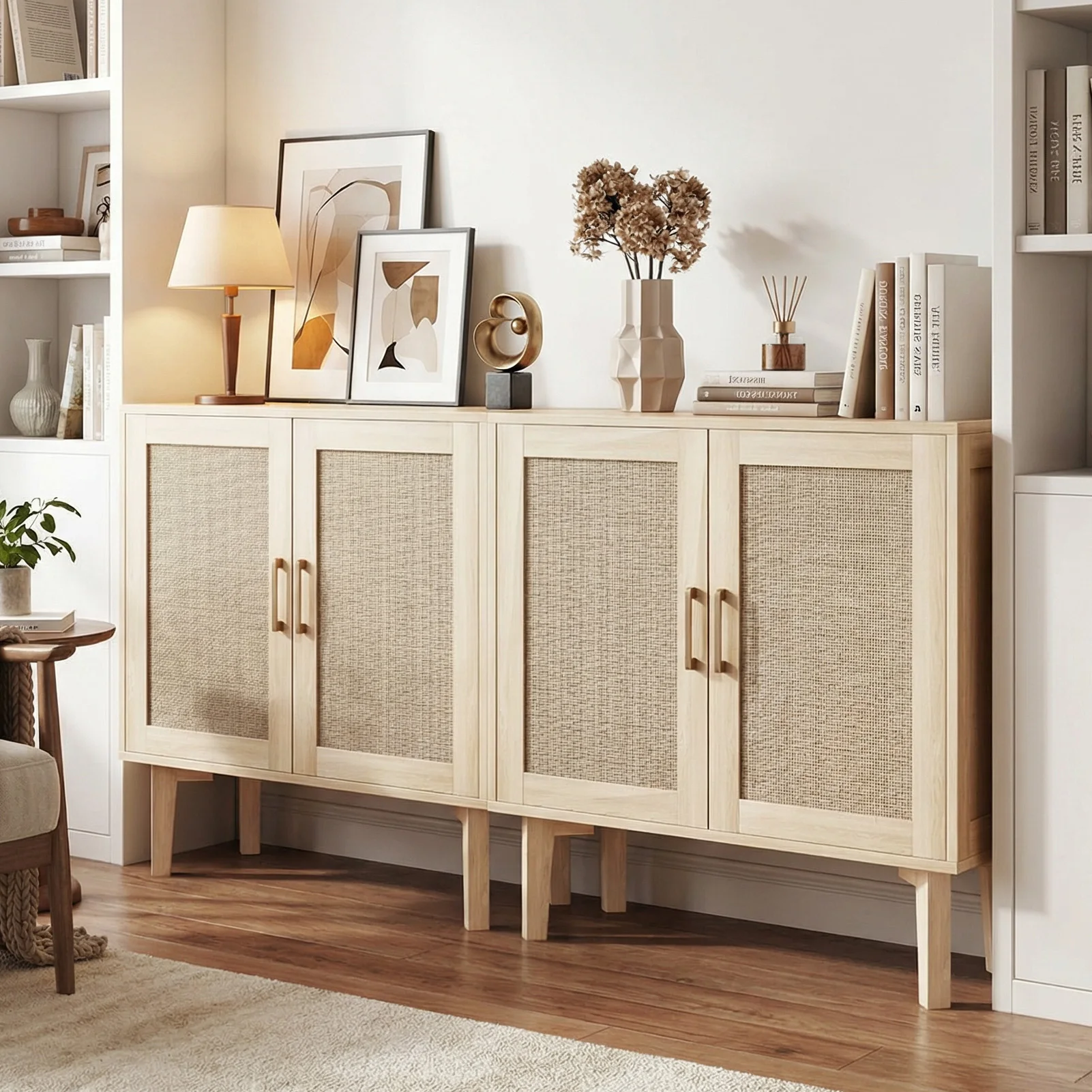 

Buffet Cabinet with Rattan Decor Doors Solid Wood Feet Multifunctional Sideboard Cabinet for Dining Room Kitchen Light Oak