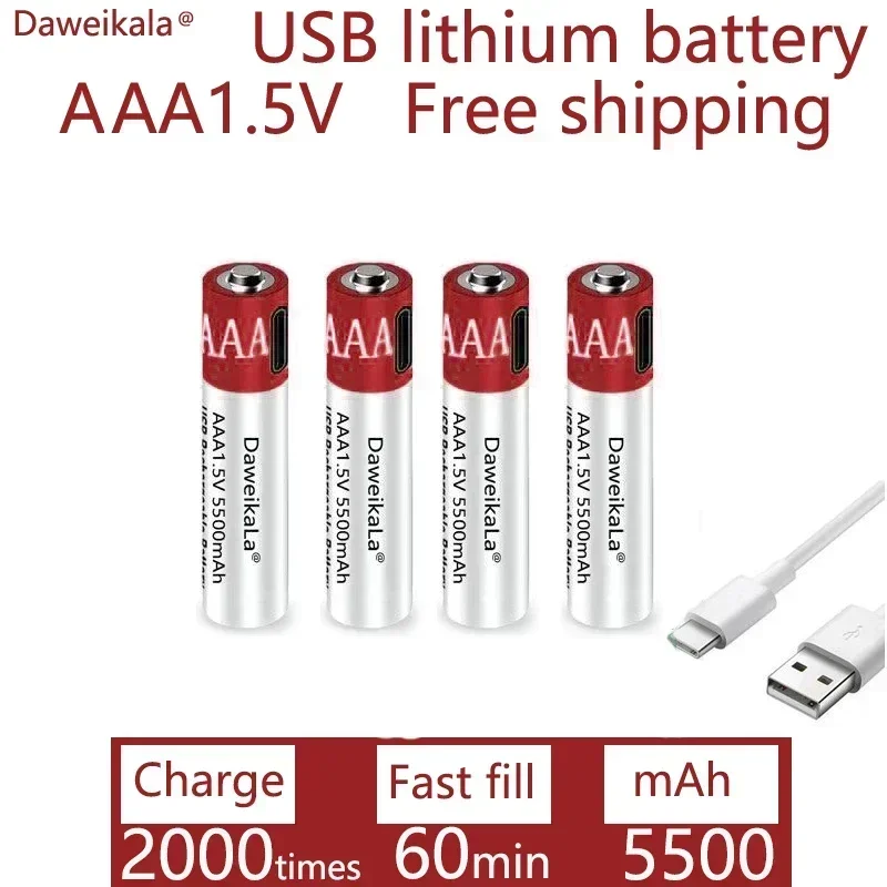 Batterie lithium-ion aste USB, grande capacité, 1.5V, AAA, 5500mAh, sans chargeur, télécommande, souris sans fil, câble inclus