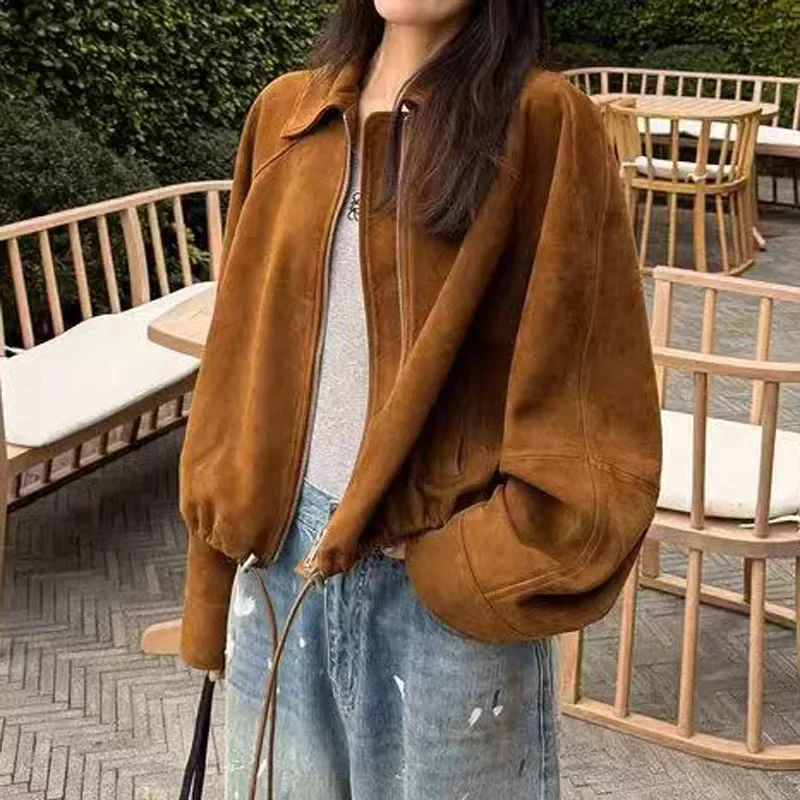 Retro Leather Flower Bud Brown Jacket for Women Trendy Kid Suede Drawstring Silhouette Short Coat Streetwear Chill Casaco Femini