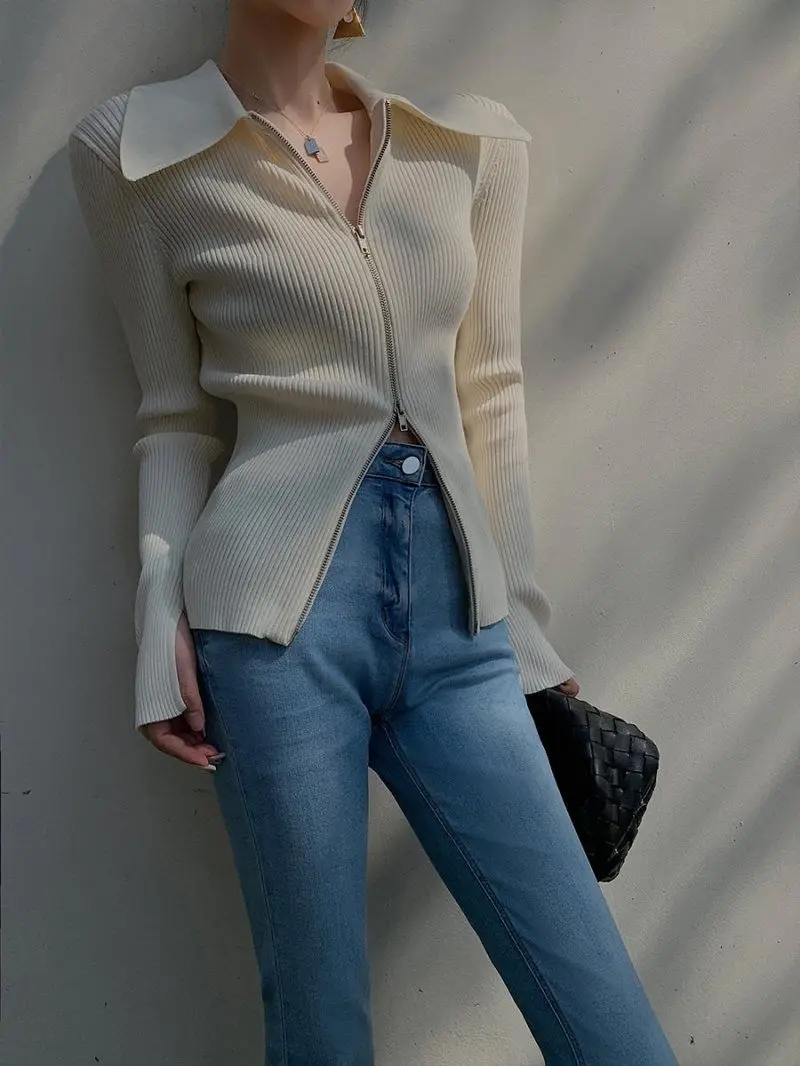 Korejpaa French Retro Cardigans Tops Elegant Turn-down Collar Double Zippers Sweater Coat Knitwear Solid Casual Slim White Tops