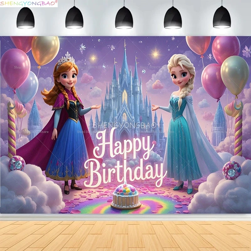 

Disney Anna Elsa Princess Background Happy Birthday Party Kids Girls Baby Shower Wonderland Photography Backdrops FZ-25