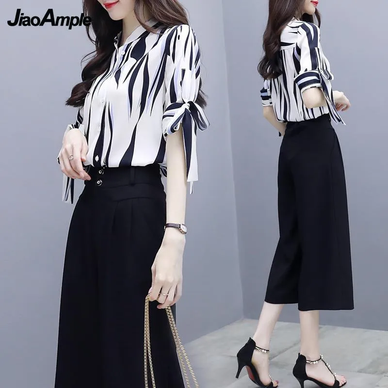 Women's Clothes 2022 Summer Casual Chiffon Shirt + Seven-point Wide Leg Pants Two-Piece Korean Elegant Striped Top Trousers Suit