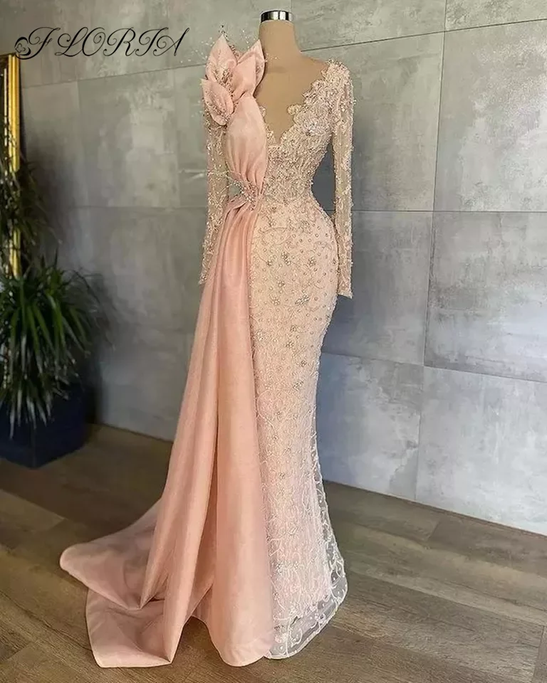 Elegante vestido De Noche De sirena De manga larga con tren, Vestidos De fiesta De encaje con cuentas rosas, vestido Formal para ocasiones, 2023