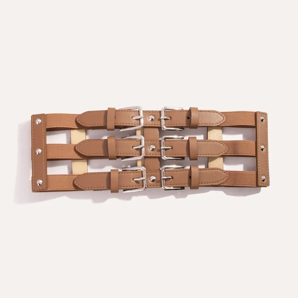 Fashion Three Row Buckle Waistband Belt Punk Style Wide Elastic Waist Belt Slim Fit Versatile Women's Waist Belt for Women