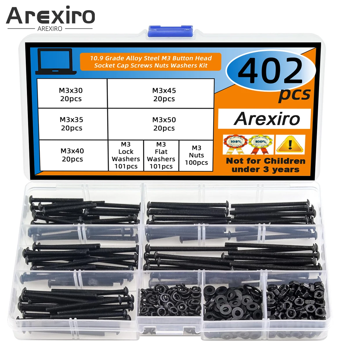 

402Pcs Black M3 x 30/35/40/45/50mm Button Head Socket Screw Nut Washer Combo Kit, Grade 10.9 Alloy Steel