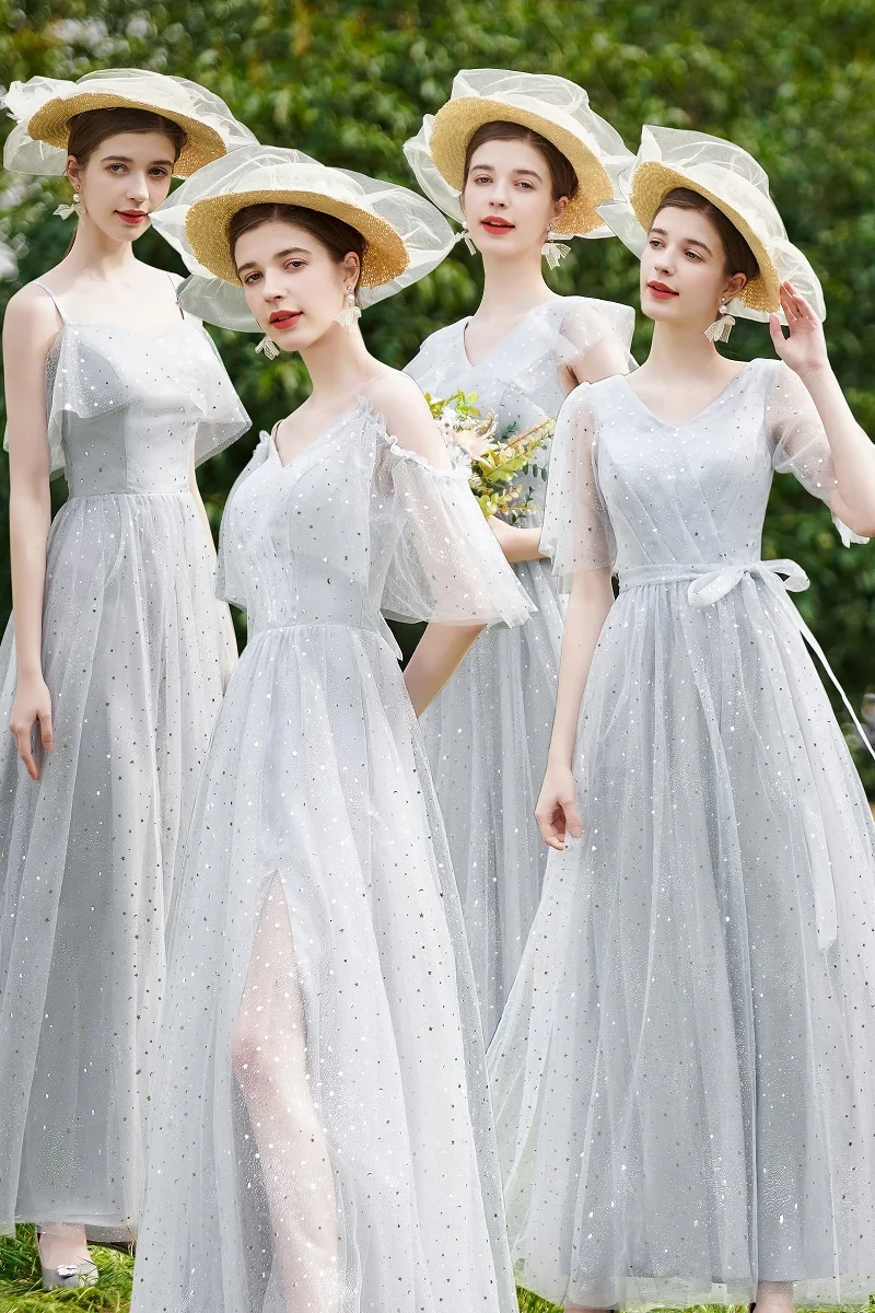 A455 Shinny Tulle Silver Gray Long Bridesmaid Dresses Fashion Woman Girl Graduation Gown Lady Wedding Party Dress Lace-Up Back