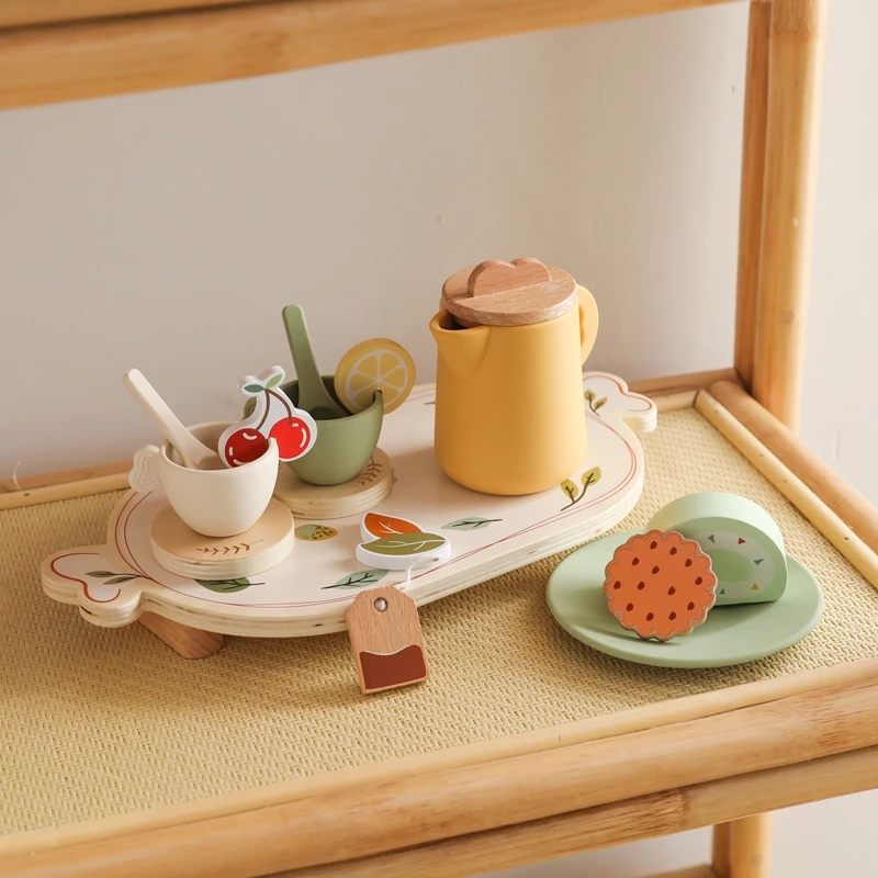 Children Montessori Toy Simulation Kitchen Utensil BPA Free Silicone Teapot Teacup Wooden Kid Education Pretend Play Toy Gifts