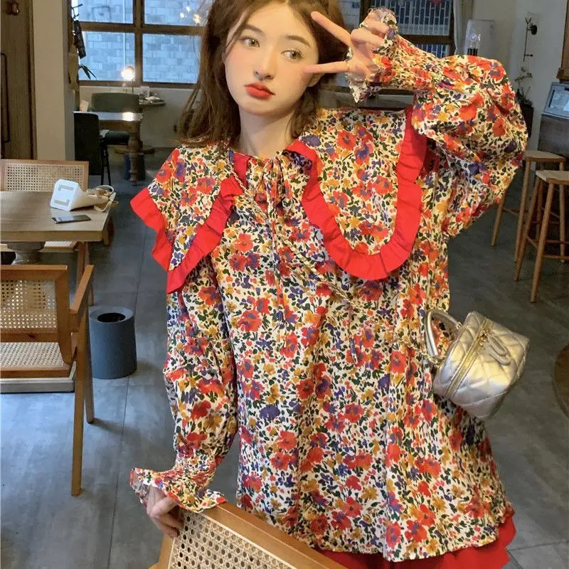 Korejepo Fresh Floral Doll Shirt Women Spring Korean Version Loose Versatile Sweet Age Reducing Printed Doll Collar Shirt Top