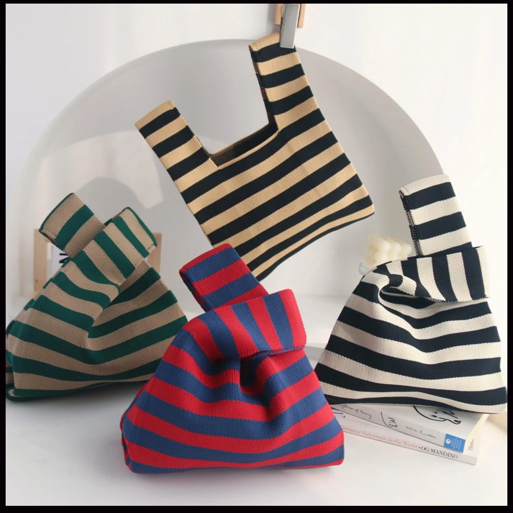 Original Design Stripes Knitted Bag Mini Knot Wrist Bag Japanese Casual Color Wide Stripe Tote Bag Handbag Phone Pouch Key Purse