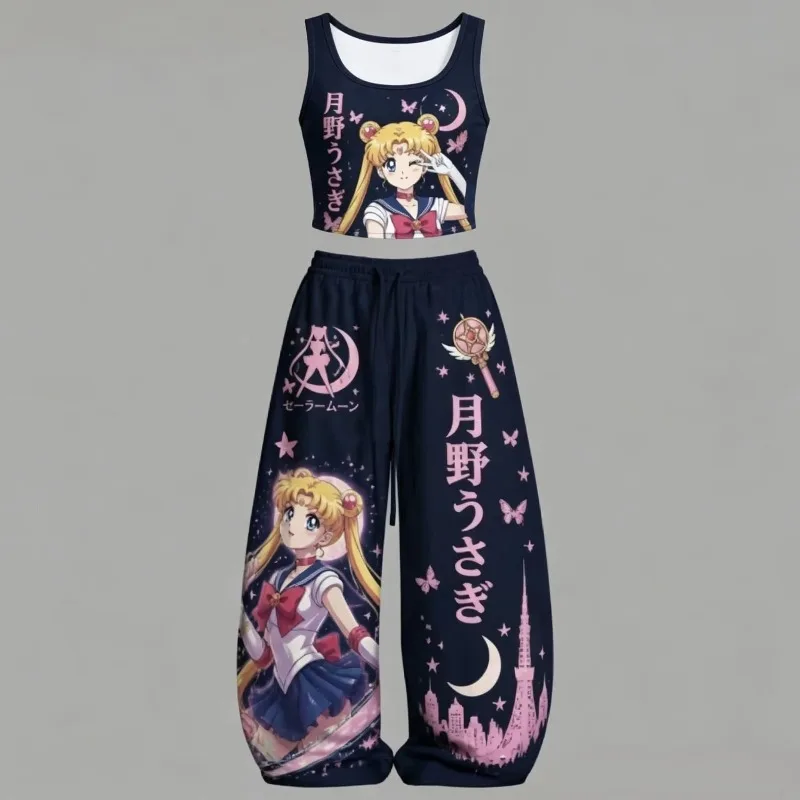Men/Women Sailor Moon 2 Piece Outfits Tank Top Wide Leg Pants Sets Anime Print Vest Trousers Y2K Streetwear Matching Tracksuit view 3