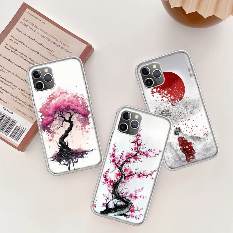 Cherry Blossom Tree Phone Case For Iphone 14 13 15 16 Pro Max Plus Apple 11 12 Mini X XS Max XR Clear Cover Shell Coque Silicone