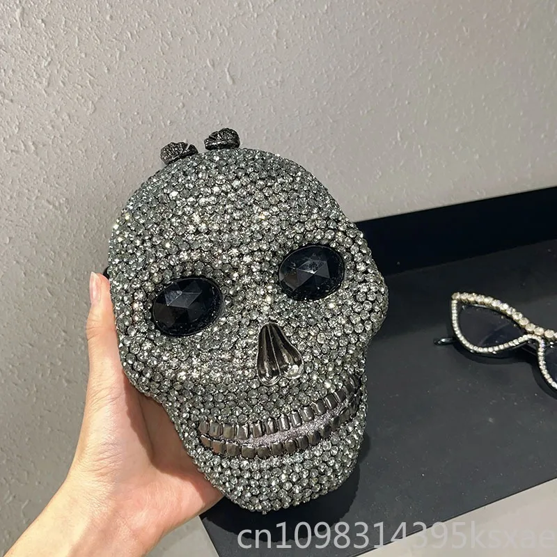 Shiny Crystal Rhinestone Skull Evening Bag Clutch Purse Sparkly Wedding Party Handbag Crossbody Shoulder Bag European Designer