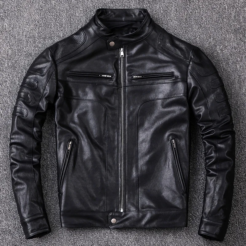 Men's Vegetable Tanned Sheepskin Jacket Motorcycle Biker Jackets Slim Short Stand Collar Genuine Leather Clothes Coat