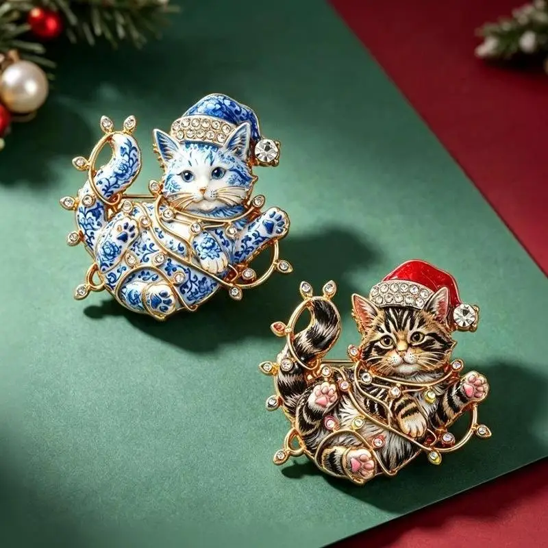 1 Stück Unisex Strass Bunte Lichter Kätzchen Neujahrs-Party Brosche Niedliche Weihnachts-Katzenbroschen für Frauen – Detail 8