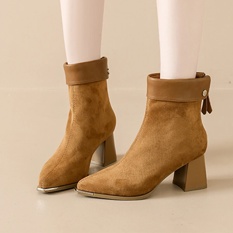 

Ankle Boots for Women High Heels Suede Fashion Chunky Shoes Luxury Pointed Toe Woman Pumps 2025 Winter Dress Mujer Short Boots