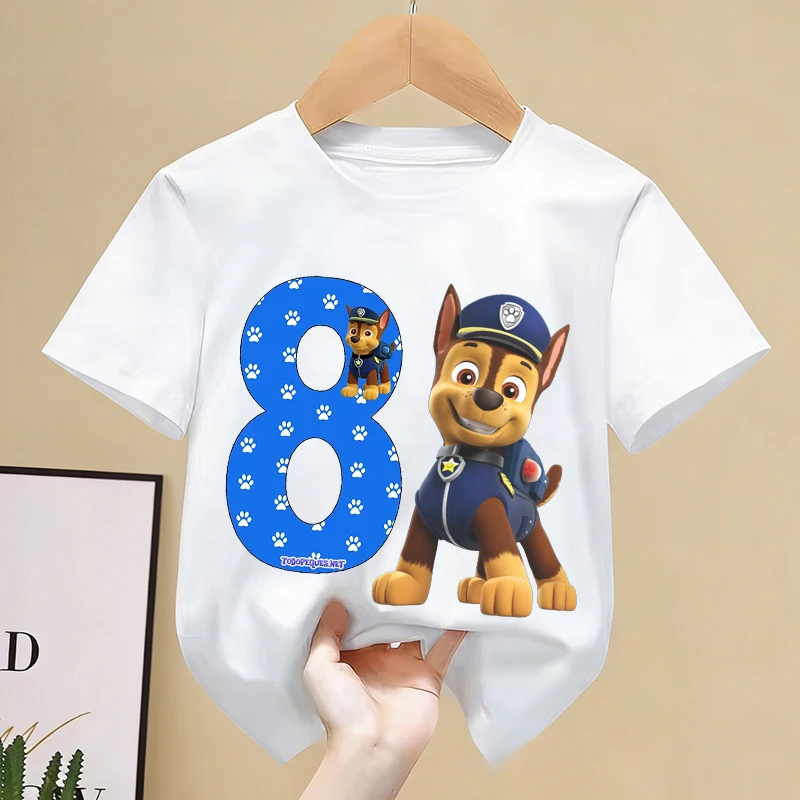 Paw Patrol Chase T-shirt for Children Birthday Figure Tee Top Boys White Clothes Cartoon Short Sleeve Kids Loose Clothing Gift