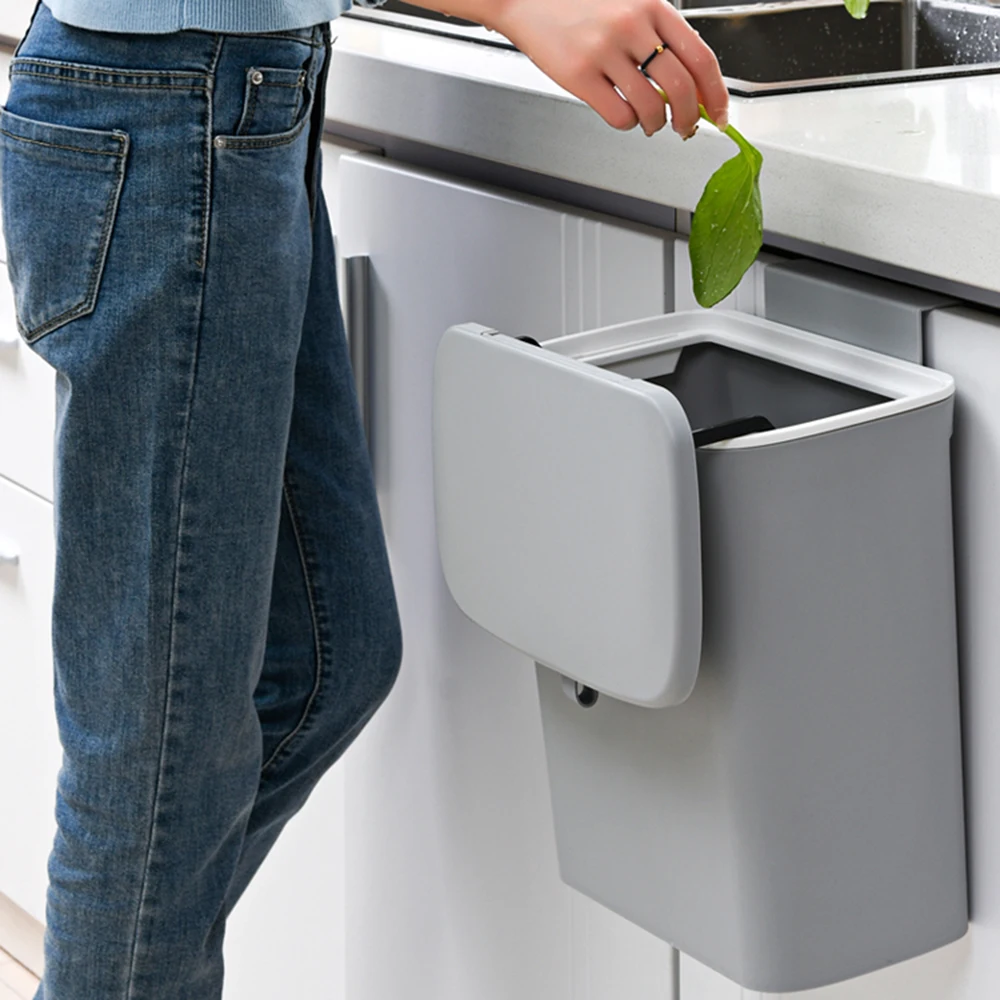 9L Hanging Trash Can Sliding Lid Trash Can Wall-mounted Garbage Basket Cabinet Dustbin for Home Kitchen Bedroom