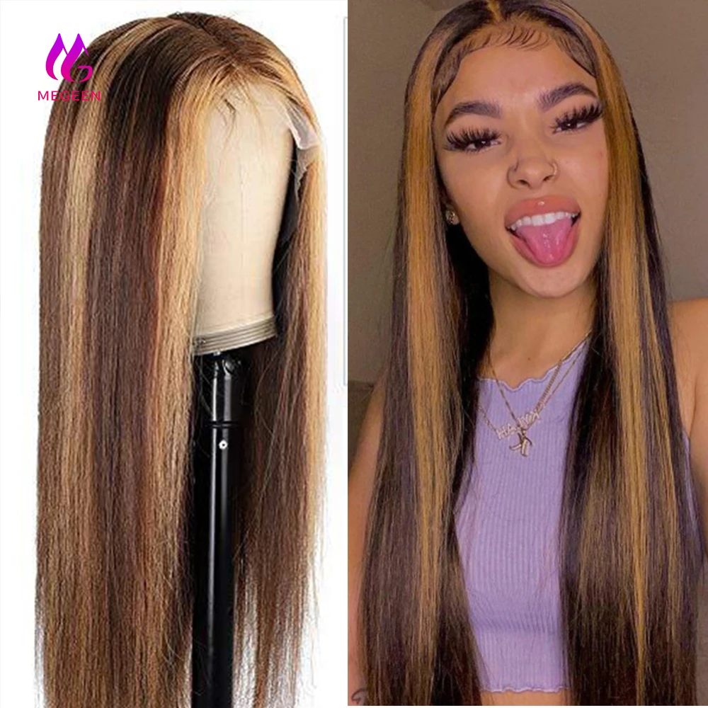 

Megeen 100% Human Hair Highlight P427 Colored Straight 13X4 Lace Frontal Wigs Human Hair Pre Plucked Honey Blonde Lace Front Wig