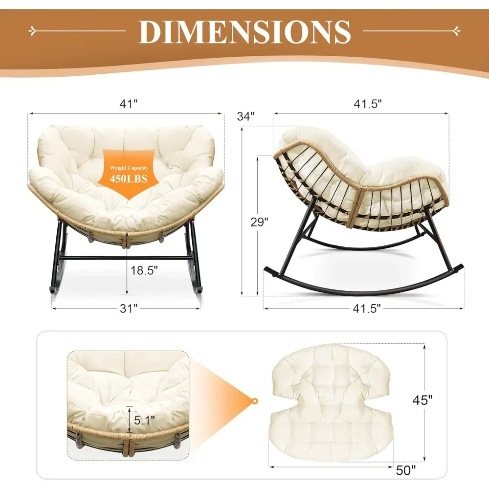 كرسي هزاز باباسان داخلي خارجي، كرسي هزاز كبير الحجم 450 رطل من الخيزران الروطان باباسان مع وسادة، صالة الفناء #2