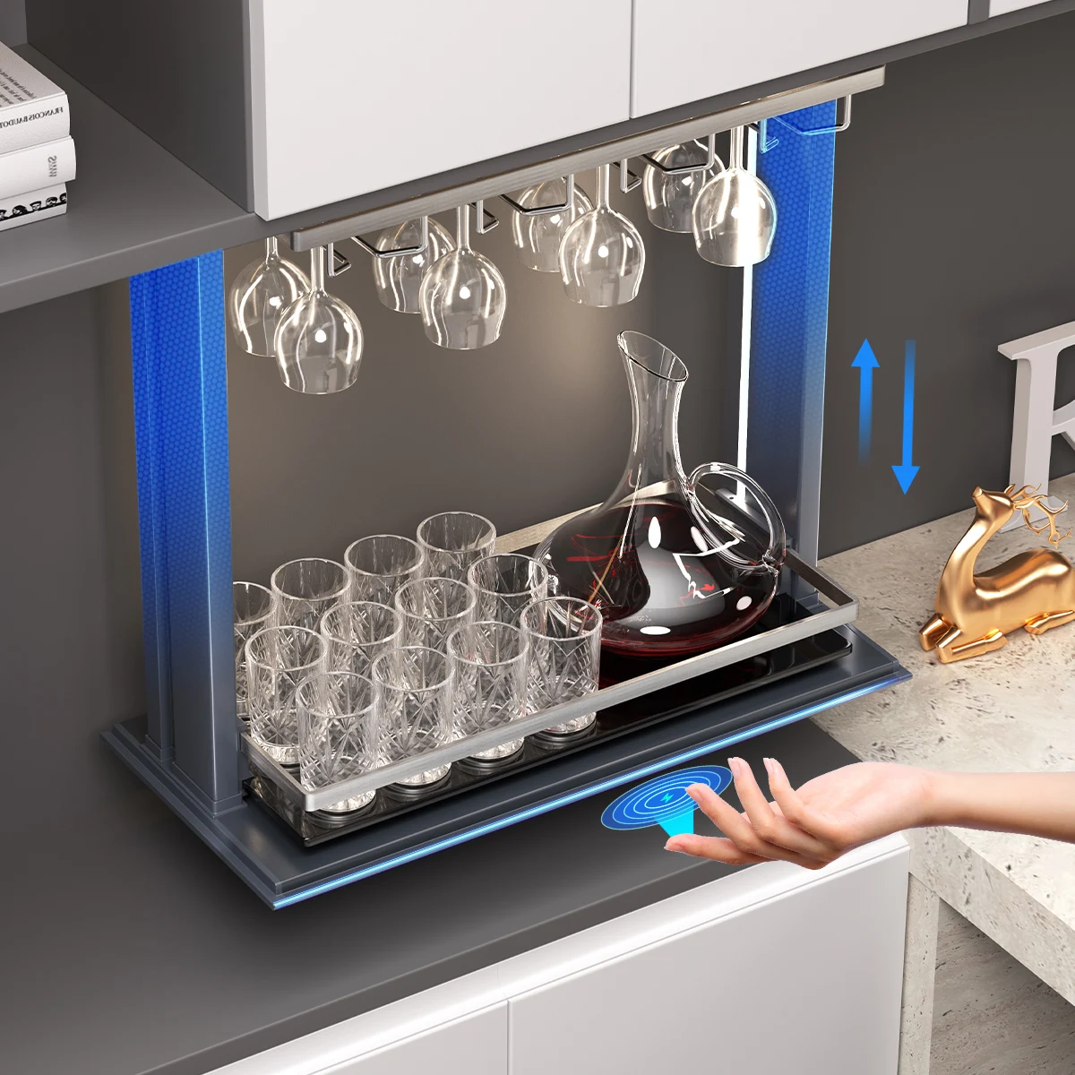 

AngelParticle 45dB Quiet Electric Wine Glass Rack Smart LED Anti-Collision Pull Down Under Cabinet Stemware Organizer