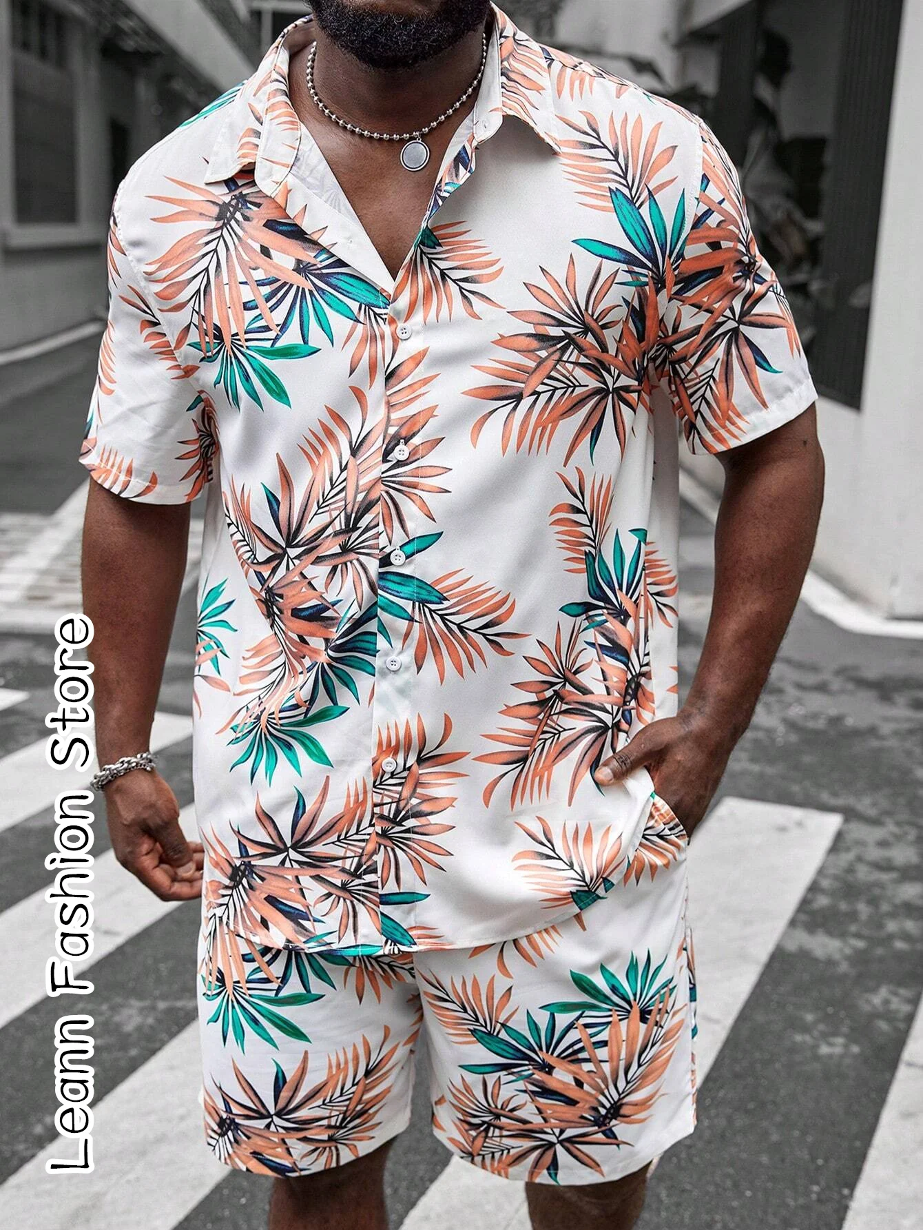 Summer Men Coconut Tree Print Hawaiian Vacation Shirt Set Male Casual Beach Shirt Shorts Set Fashion Tracksuit Streetwear