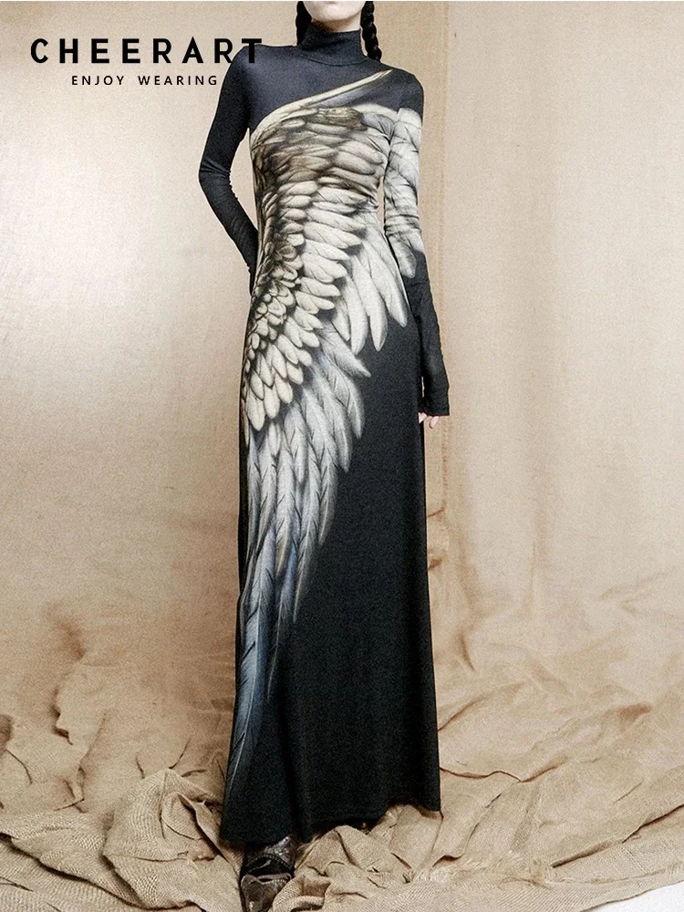 

CHEERART Vintage Wing Feather Long Sleeve Dresses Fall 2025 Fashion Woman Turtleneck Mesh A Line Maxi Dress Evening Luxury
