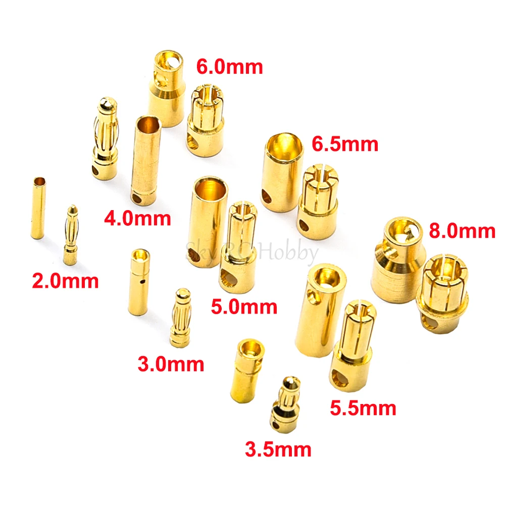 10Pairs 2mm 3.5mm 4mm 5mm 5.5mm 6mm 6.5mm 8mm Gold Bullet Banana Connector Gold-plated Bullet Plug for FPV RC Drone ESC Motor