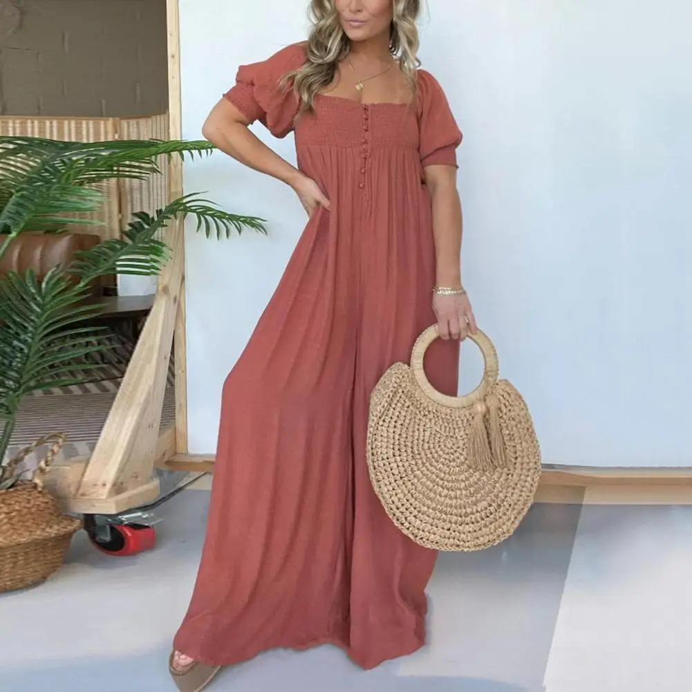 

Women Long Jumpsuit Elegant Square Neck Wide Leg Jumpsuit for Women Shirring Lantern Sleeves High Waist Solid Color Pleated