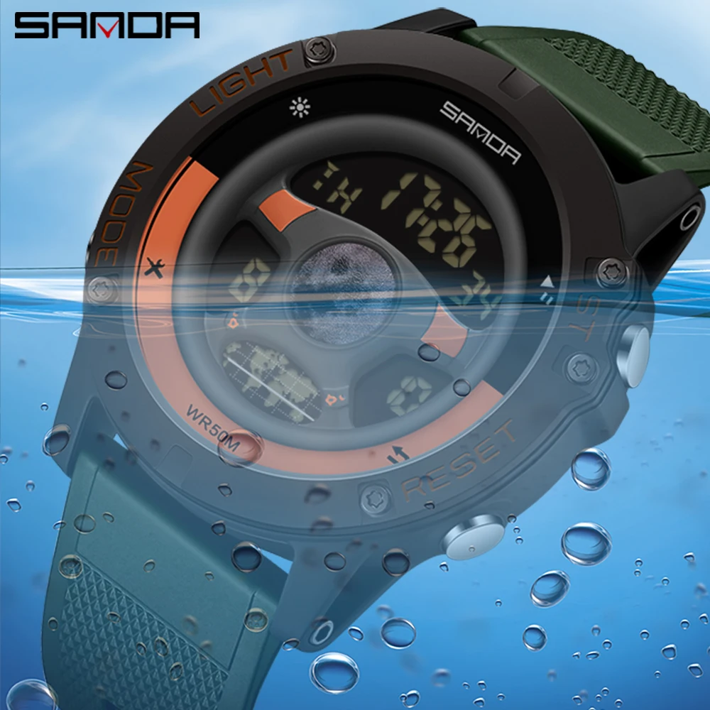 Sanda 9024 relógio masculino com design de volante, multifunções, esporte ao ar livre, despertador, 5bar, à prova d'água, digital