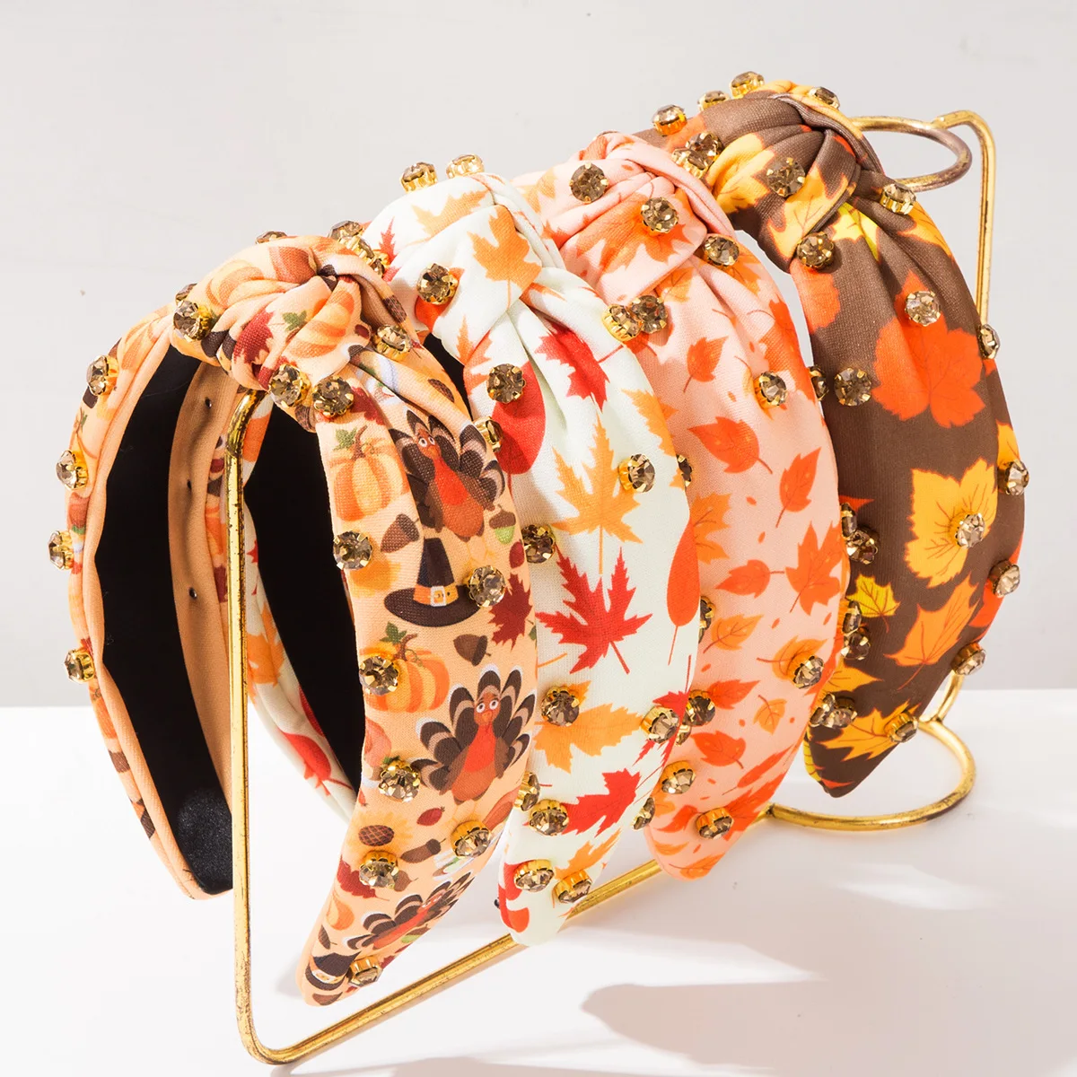 European and American New Arrival Maple Leaf Turkey Hat Print Wide Brim Knotted Headband Thanksgiving Hair Accessories for Women