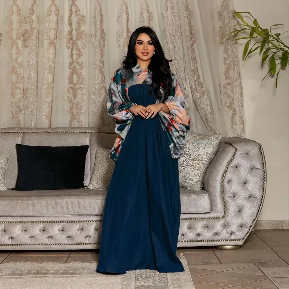 Muslim Retro Flowers Print Abaya Women Kaftan Splicing Color Long Dress Elastic Lantern Batwing Sleeve Robe V-neck Maxi Jalabiya