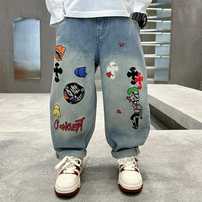 Spring Kids Retro Blue Jeans with Cartoon Print For Boys Casual Loose Straight Fit Denim Pants Child High Waist Jeans Trousers - Image 3