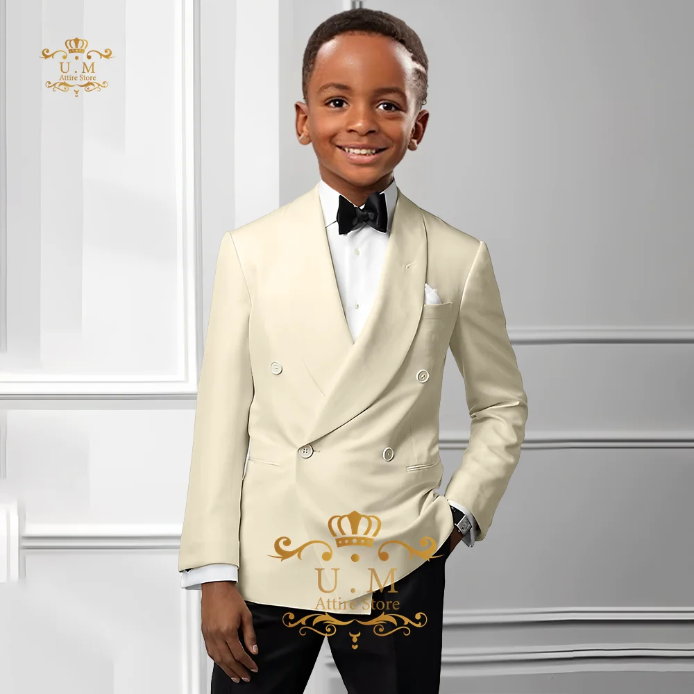 Ivory kids' suit 2-piece set shawl lapel double breasted jacket black pants custom boys' attire for prom birthday wedding party